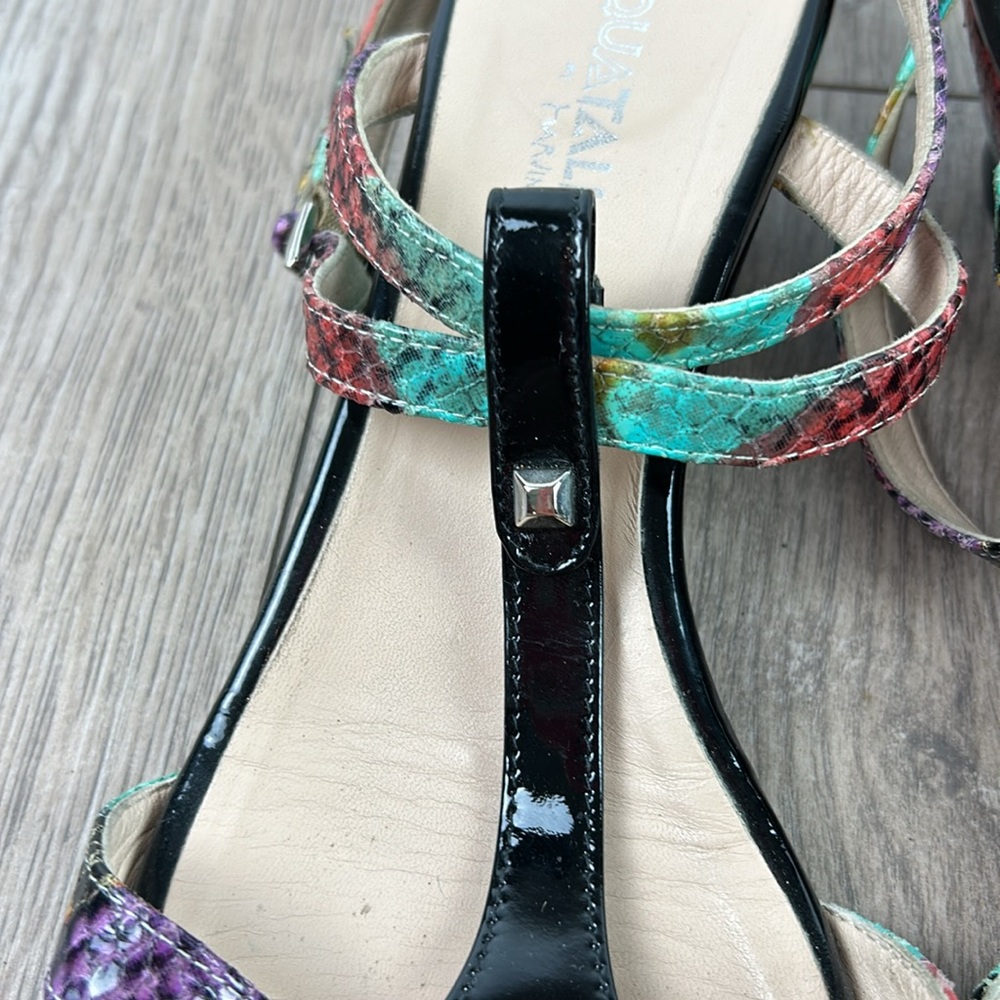 Aquatalia multi color snakeskin and black patent low wedge Sandals 11 - Picture 4 of 8